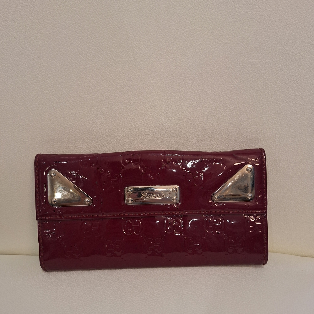 GUC Gucci Guccissima Burgundy Patent Leather Continental Wallet